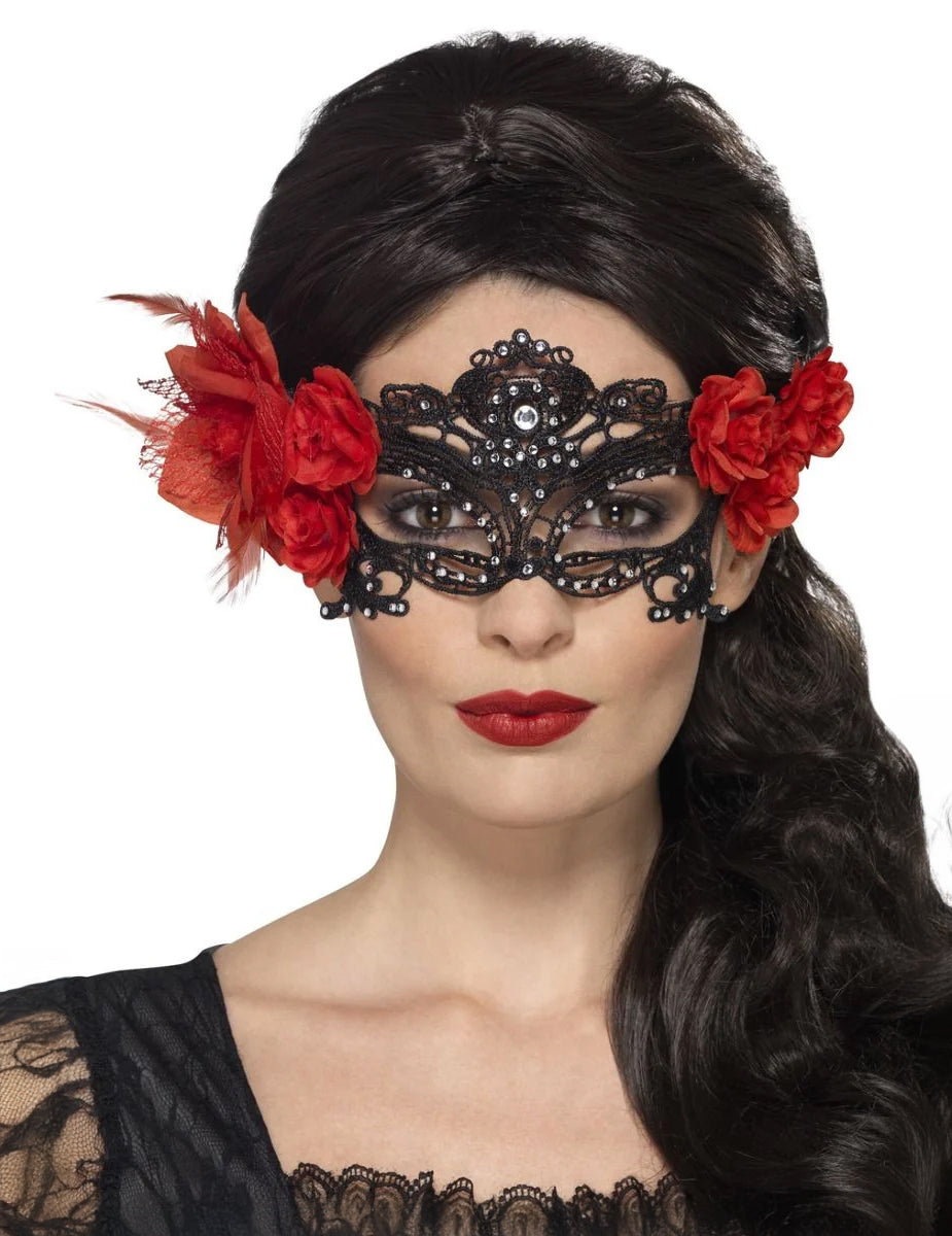 Masque en dentelle Dia de los Muertos pour adulte noir avec fleurs rouges et strass