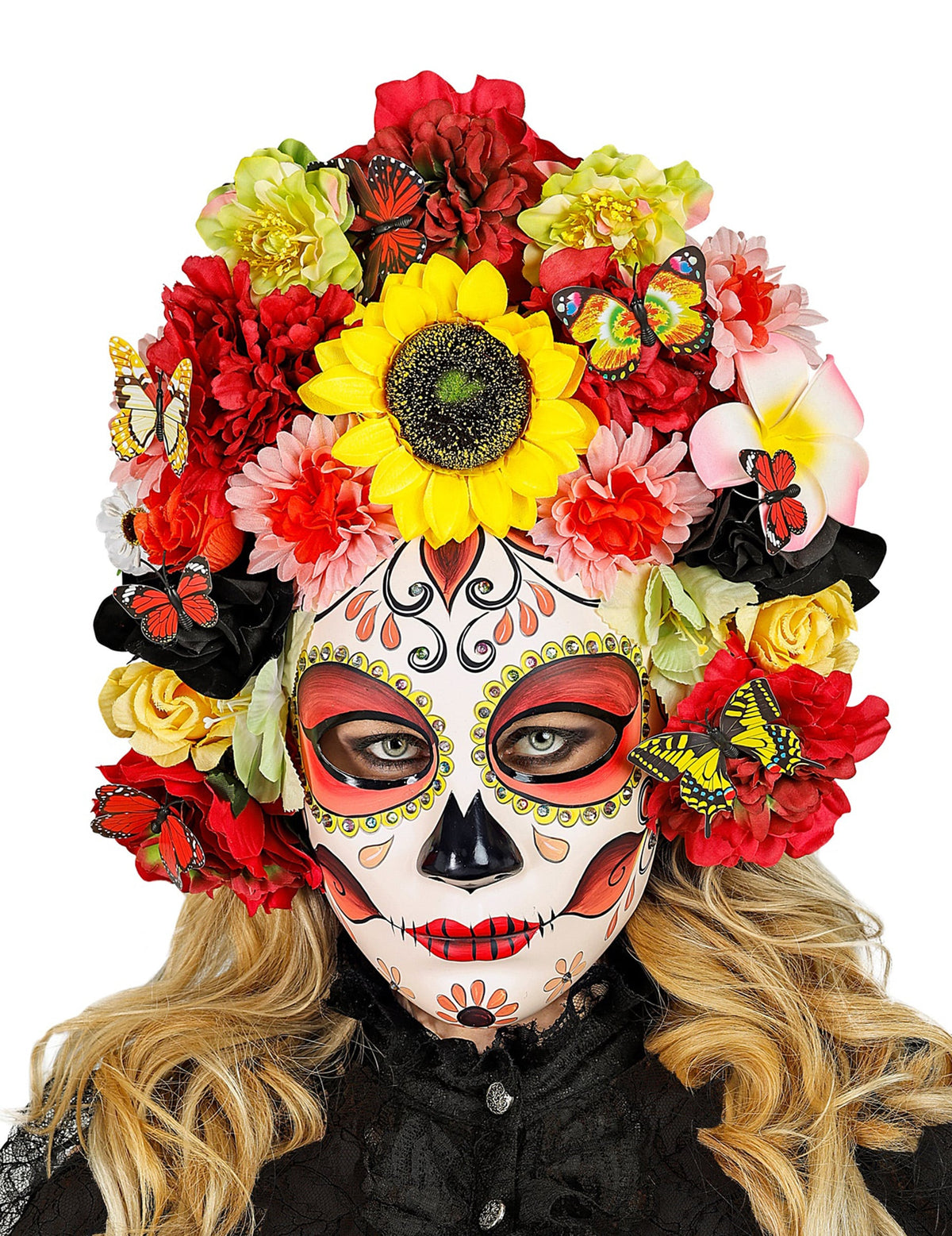 Masque Dia de los Muertos avec fleurs et papillons pour adulte multicolore avec tournesol jaune
