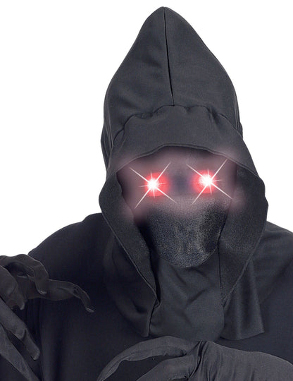 Gros plan sur les yeux rouges lumineux du masque intégral à capuche visage invisible et yeux lumineux pour adulte