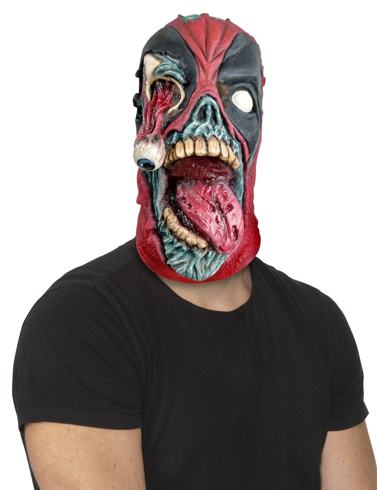 Masque intégral Deadpool zombie pour adulte rouge et noir avec œil pendant et langue apparente
