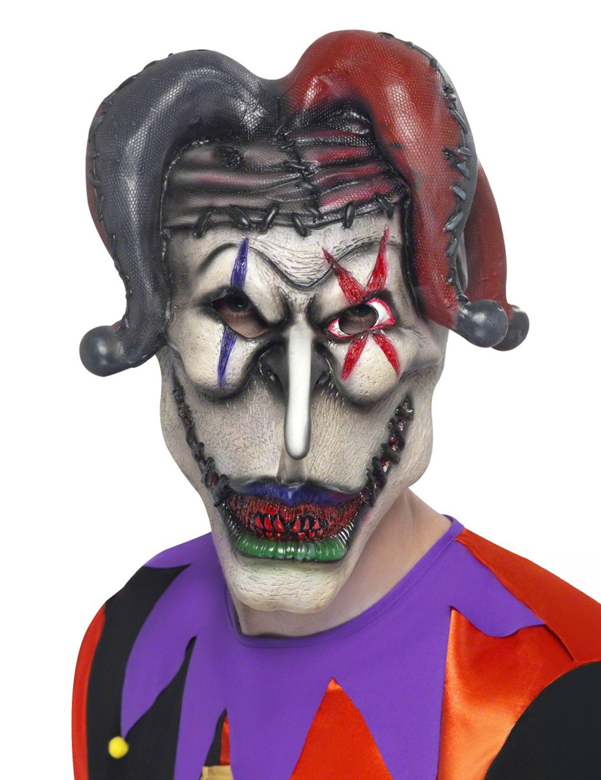 Masque joker Halloween pour adulte rouge et noir avec bonnet de bouffon