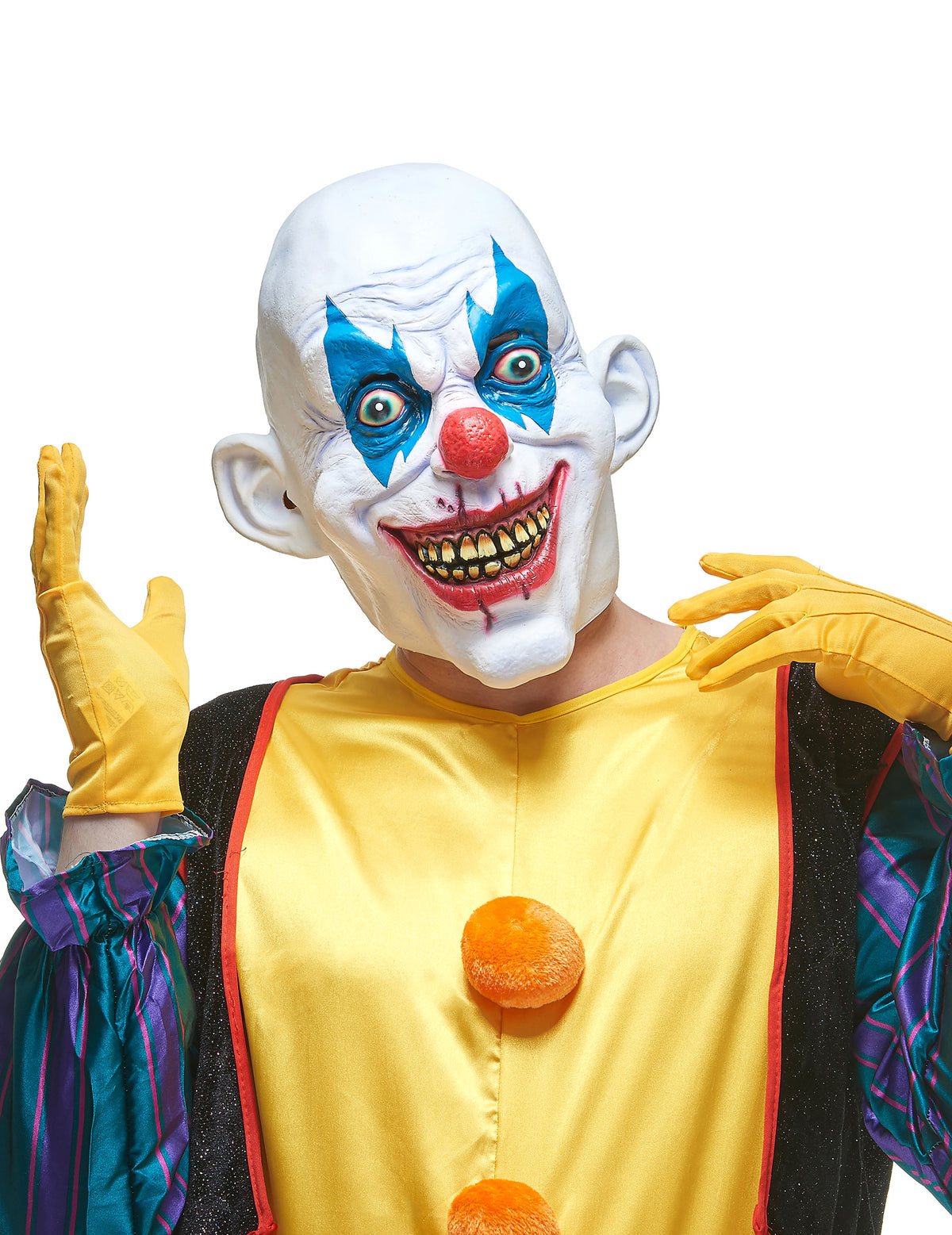 Masque latex clown diabolique pour adulte blanc et bleu avec dents jaunies