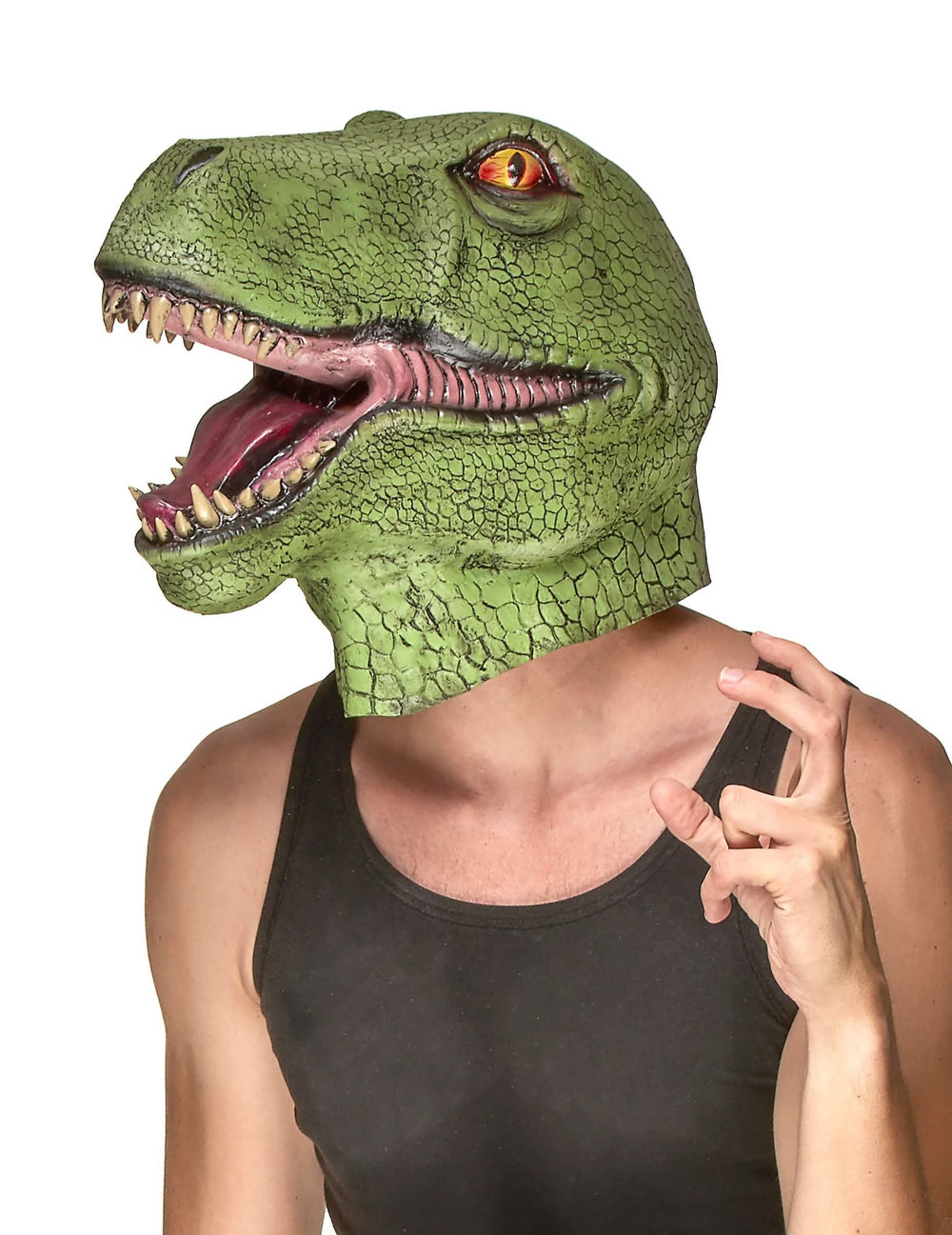 Latexová maska dinosaurus pre dospelý zelená s otvorenou tlamou