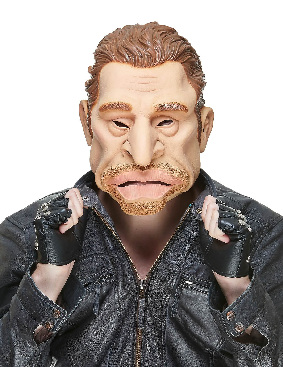 Humorná latexová maska Johnny pre dospelého béžová s hnedými vlasmi