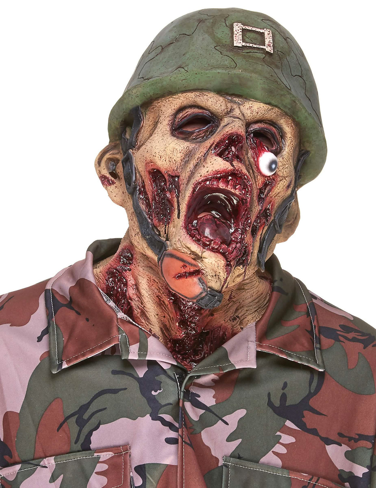 Latexová maska zombie vojak pre dospelého s helmou a krvavými detailmi