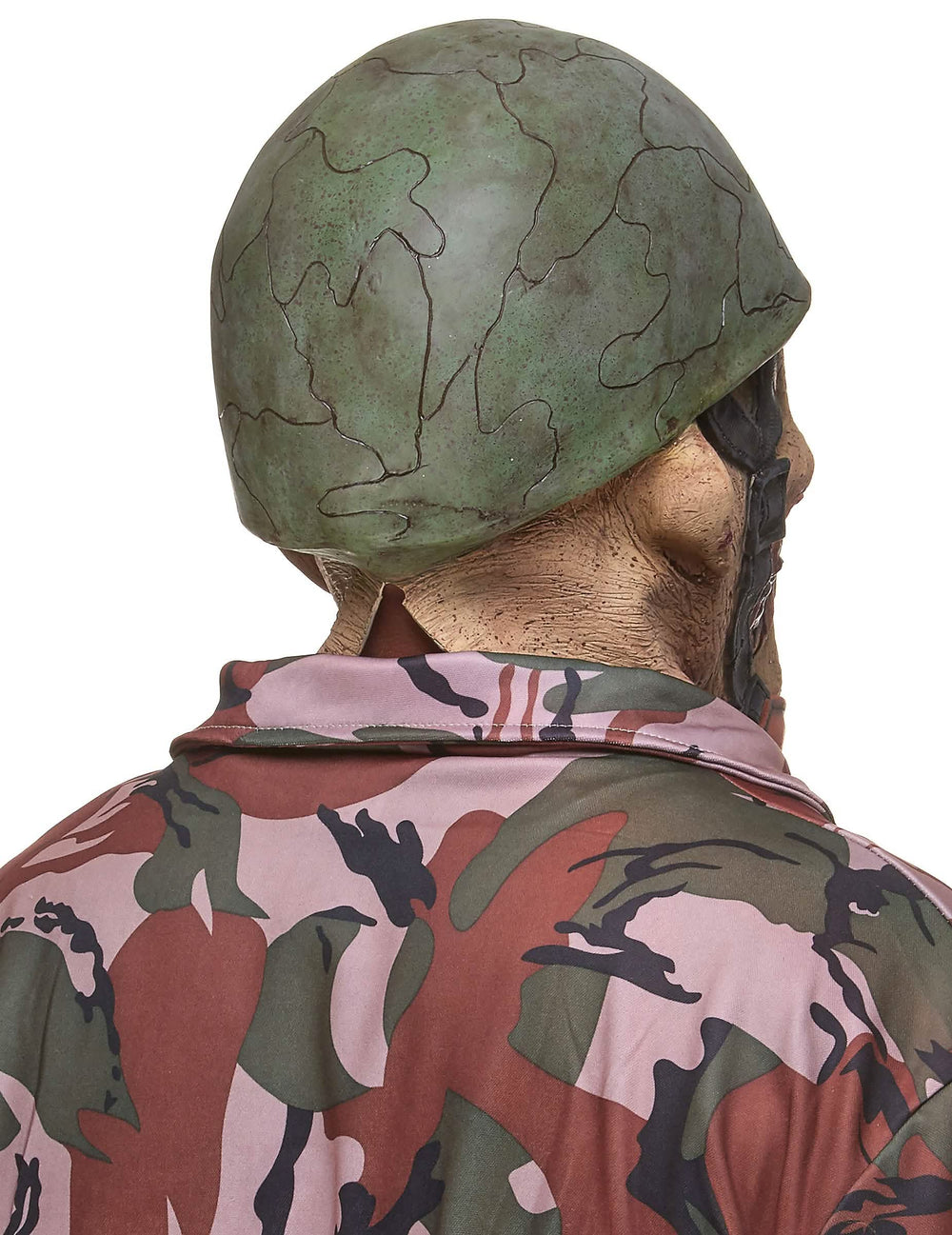 Pohľad zozadu na latexovú masku zombie vojaka pre dospelého