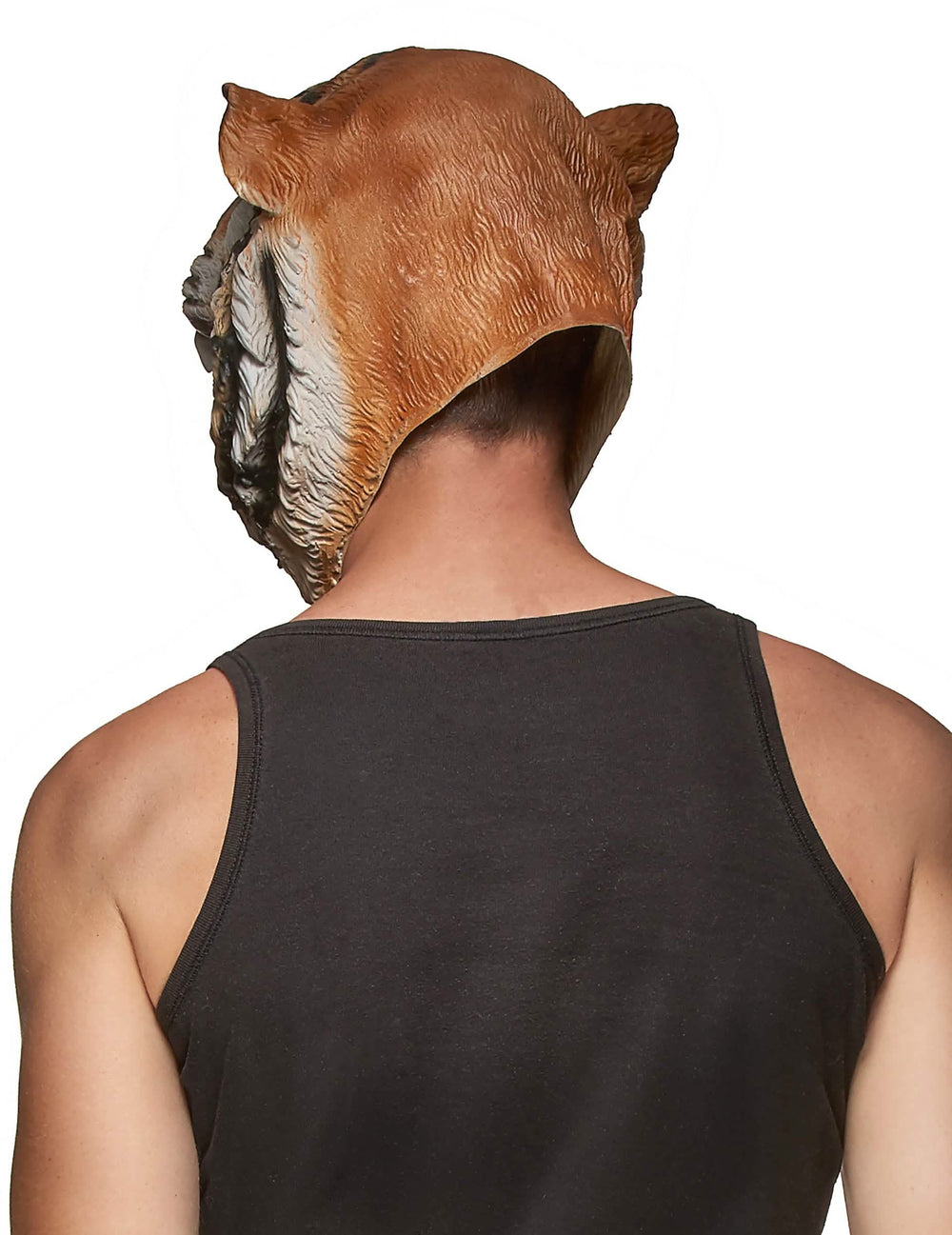 Pohľad zozadu na tigriu latexovú masku pre dospelého