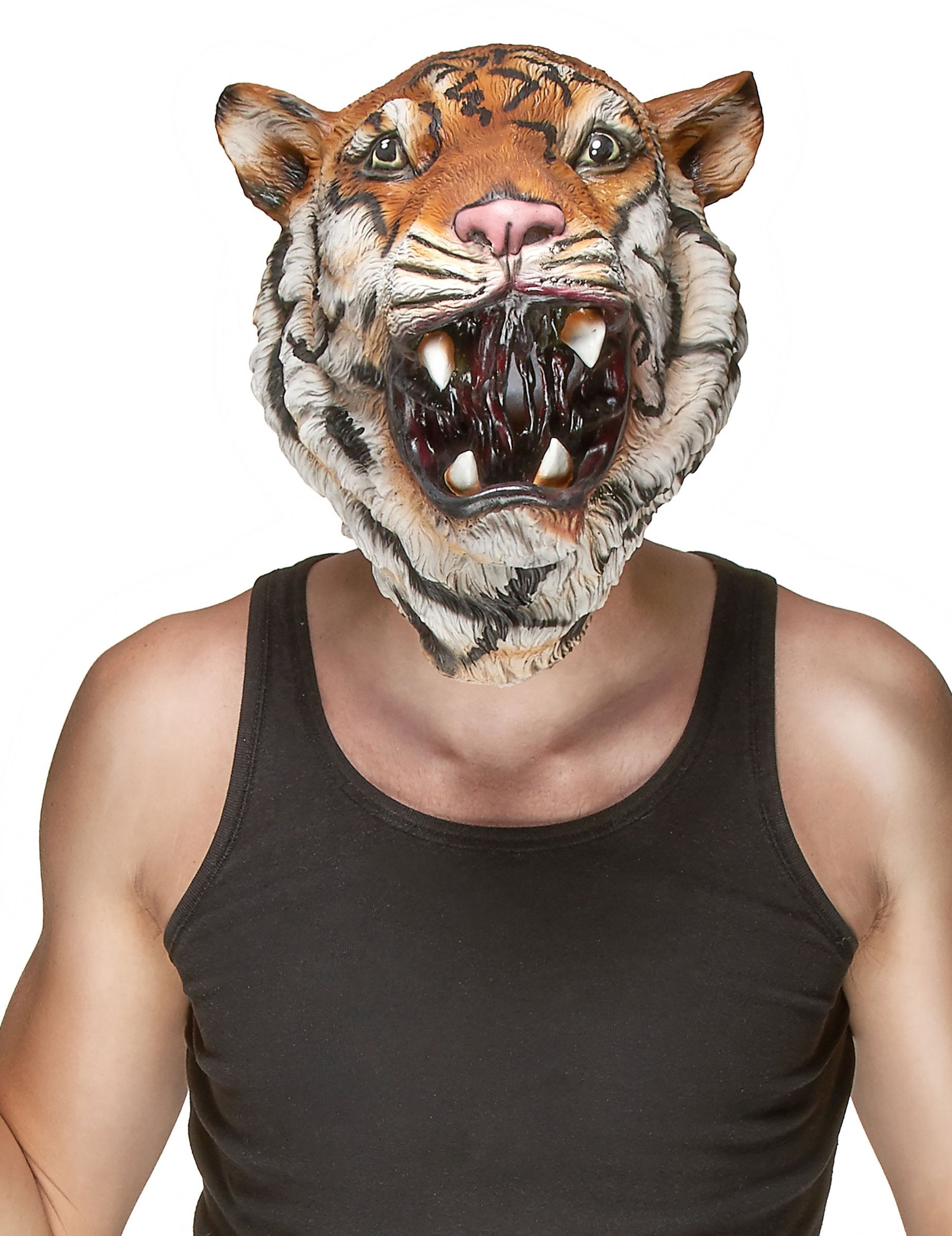 Masque latex tigre pour adulte orange et noir avec gueule ouverte