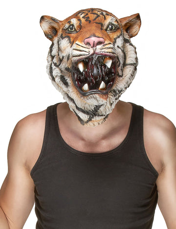 Masque latex tigre pour adulte orange et noir avec gueule ouverte