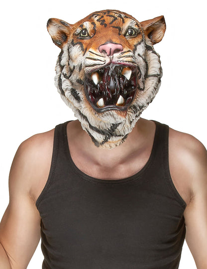 Masque latex tigre pour adulte orange et noir avec gueule ouverte
