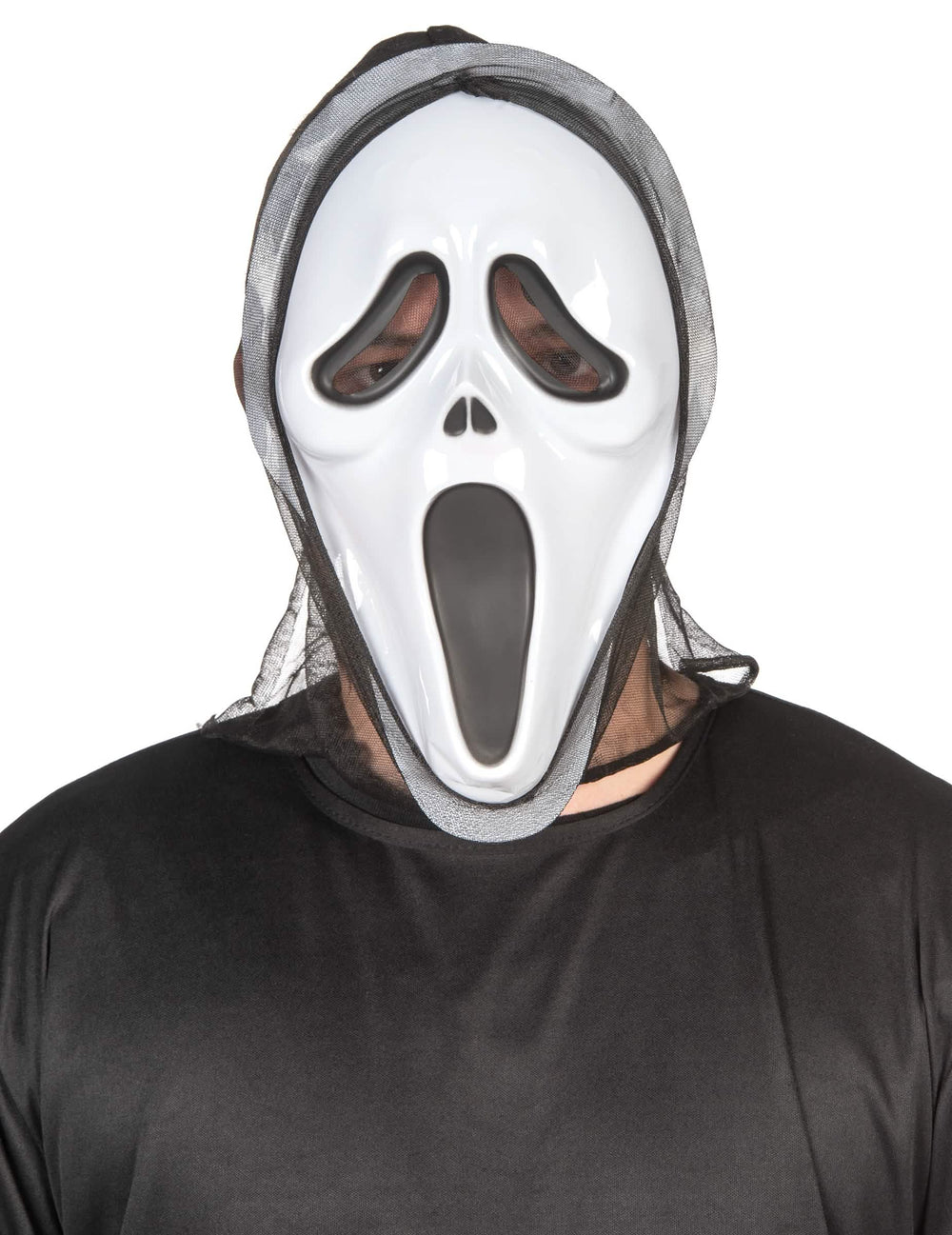 Pohľad spredu na plastovú masku psychopatického vraha