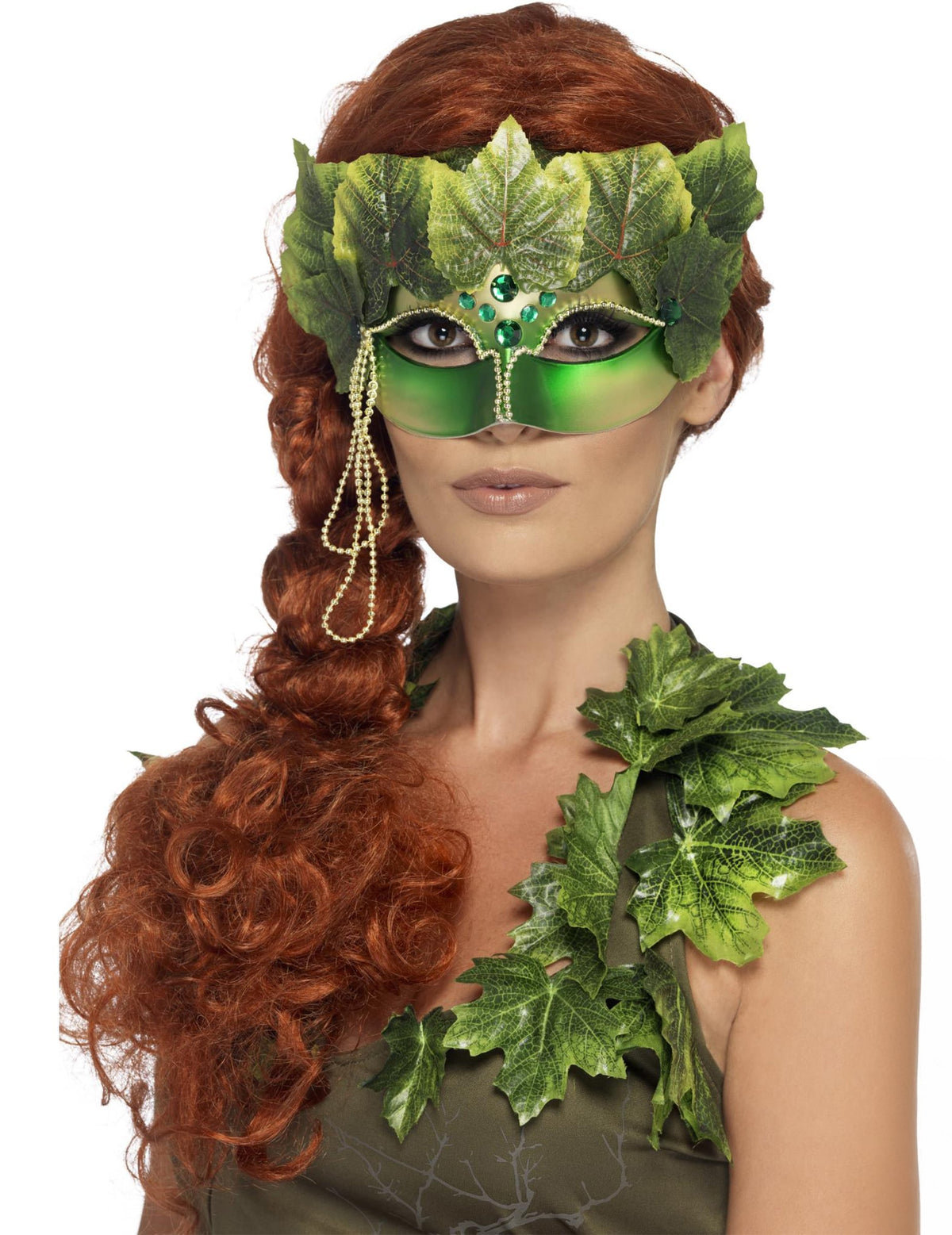Masque nymphe de la forêt pour femme vert avec feuilles et perles