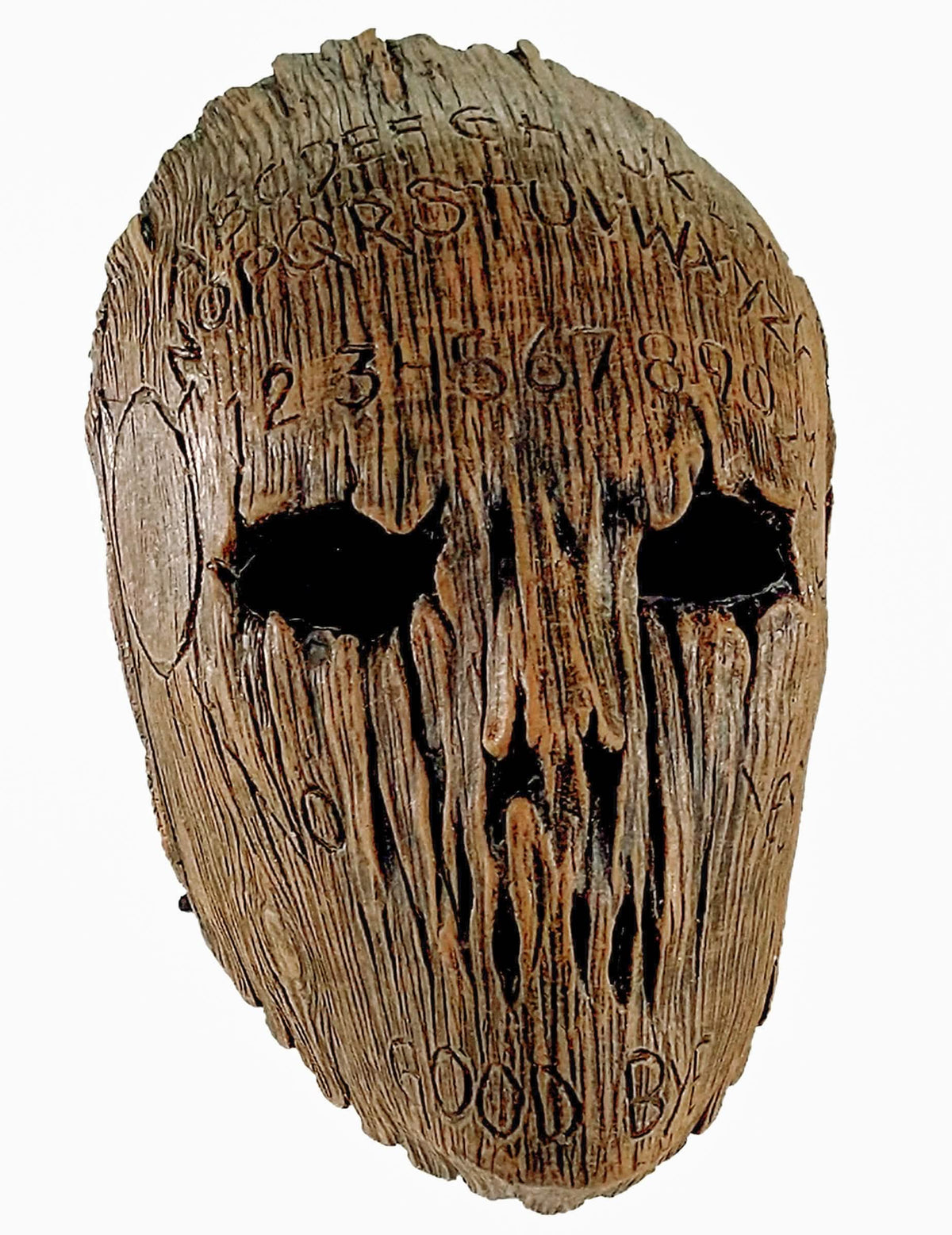 Dospelý ouija maska hnedej farby s dreveným vzhľadom s vygravírovanými nápismi