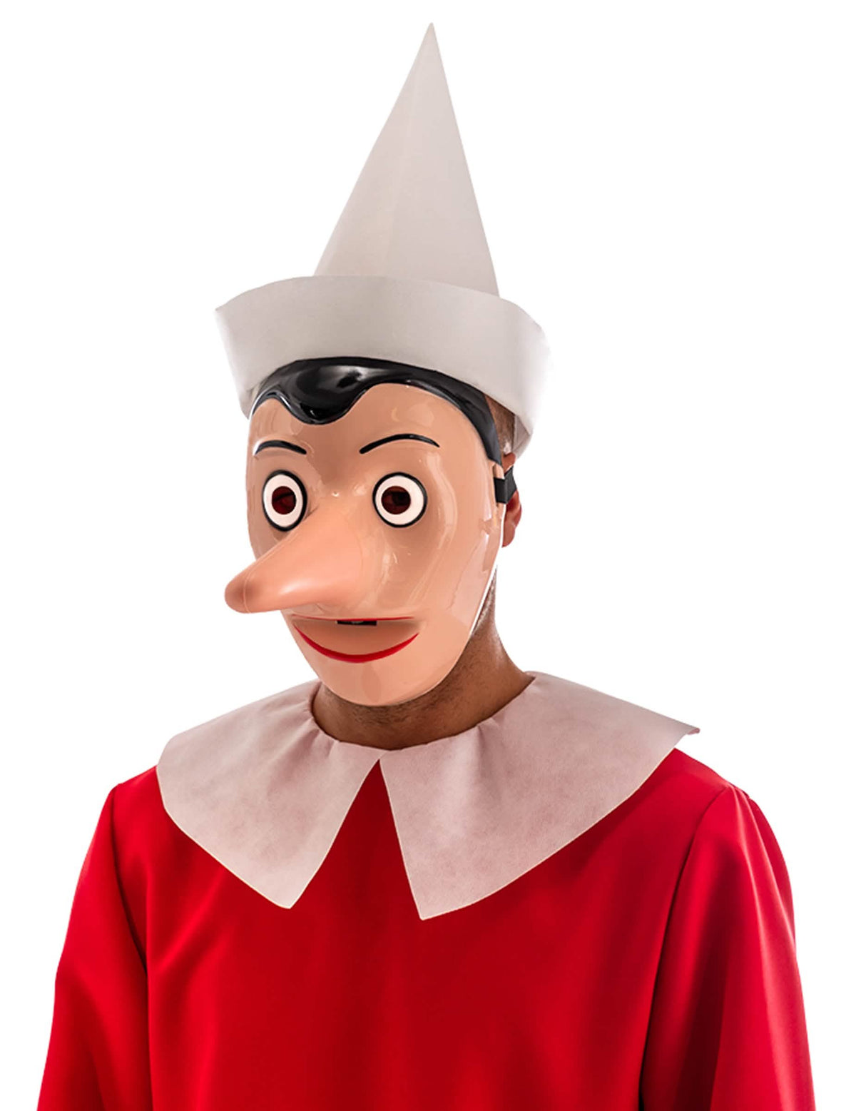 Plastová maska Pinocchio pre dospelého s odnímateľným nosom a biela klobúkom