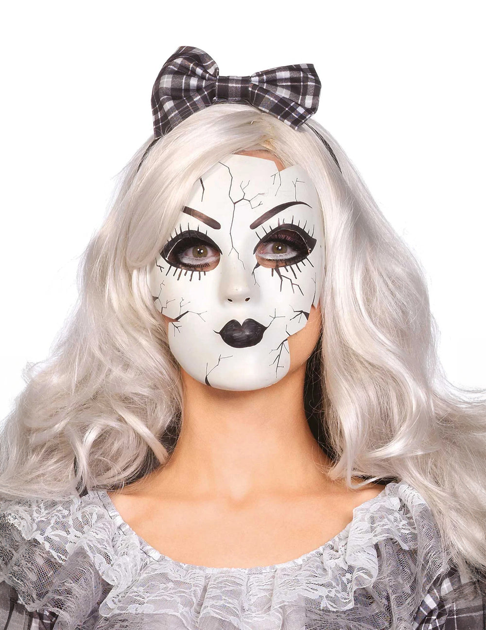 Masque poupée de porcelaine pour femme blanc avec fissures noires