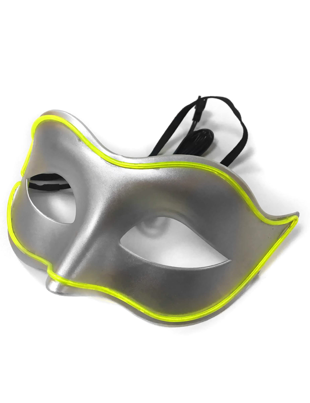 Pohľad v trojštvrťovom profile na neonovú LED benátsku masku pre dospelého