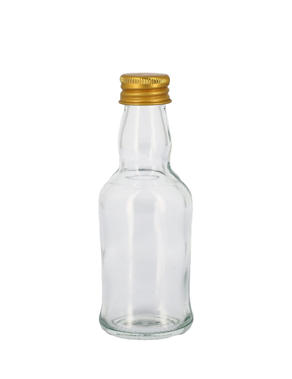 Mignonnette en verre transparent avec bouchon en métal doré
