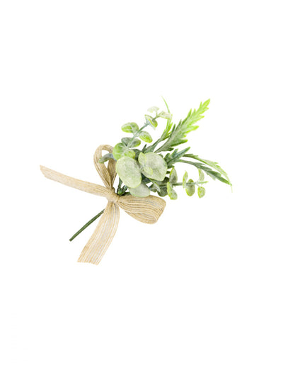 Mini bouquet de feuillages artificiels pour décoration vert avec ruban toile ivoire