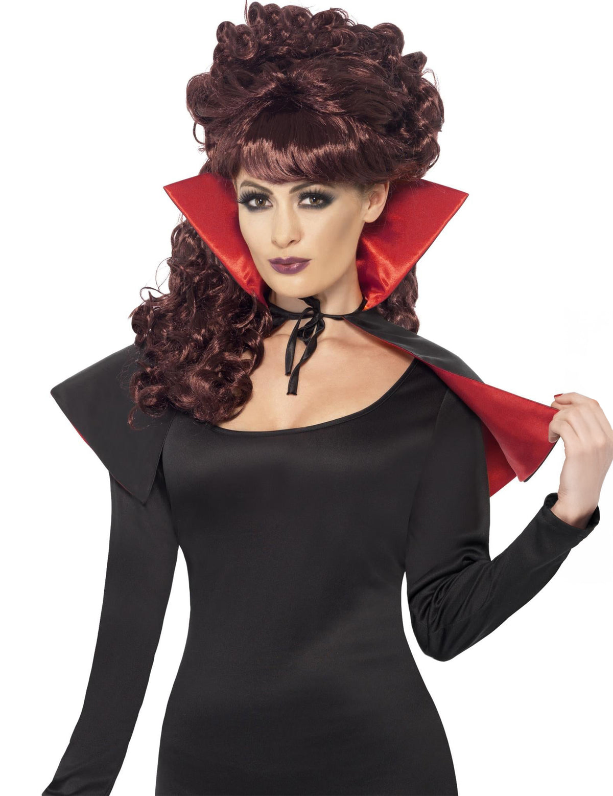 Mini cape vampire Halloween pour adulte noire avec col rouge