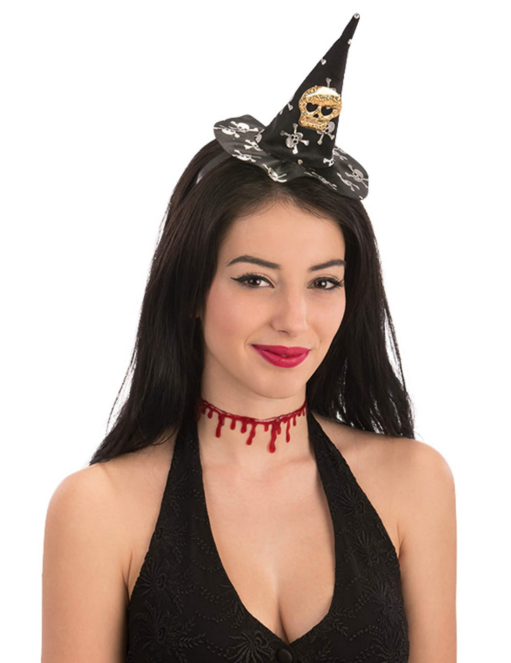 Mini čarodejnícky klobúčik s lebkou halloween pre ženu čierna s bielymi a zlatými lebkami