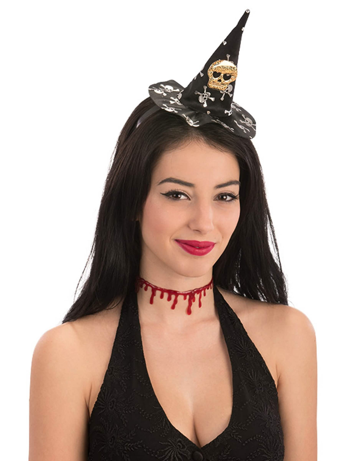 Mini čarodejnícky klobúčik s lebkou halloween pre ženu čierna s bielymi a zlatými lebkami