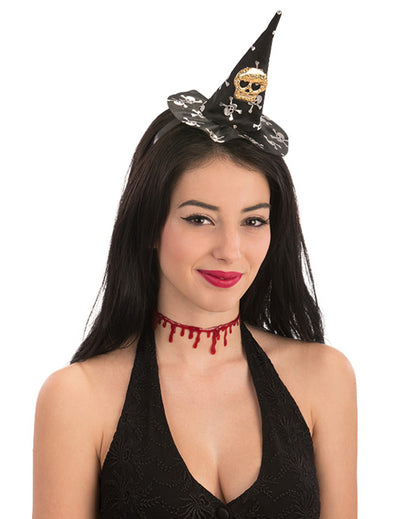 Mini chapeau de sorcière tête de mort Halloween pour femme noir avec crânes blancs et dorés
