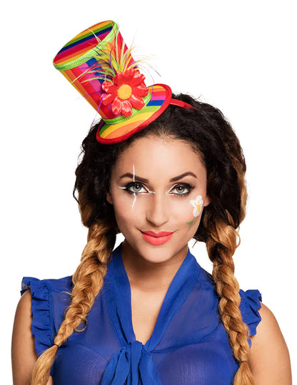 Mini chapeau haut de forme clown pour adulte arc-en-ciel avec fleur rouge