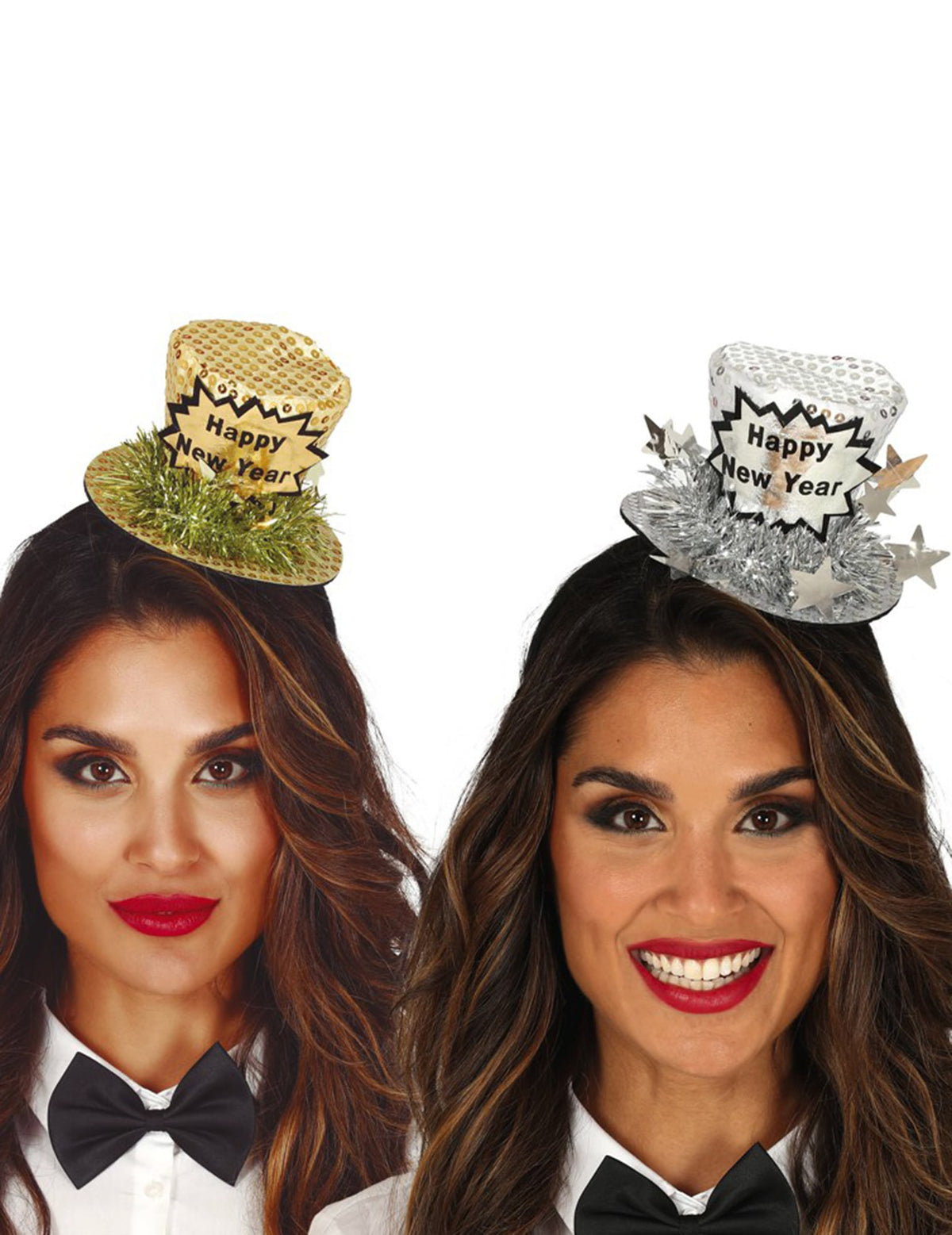 Mini chapeau haut de forme Happy New Year pour adulte doré et argenté à sequins