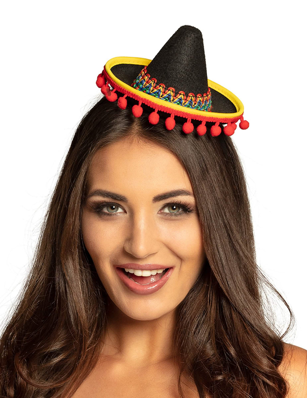 Mini mexický klobúk pre dospelého čierna s červenými pompónmi