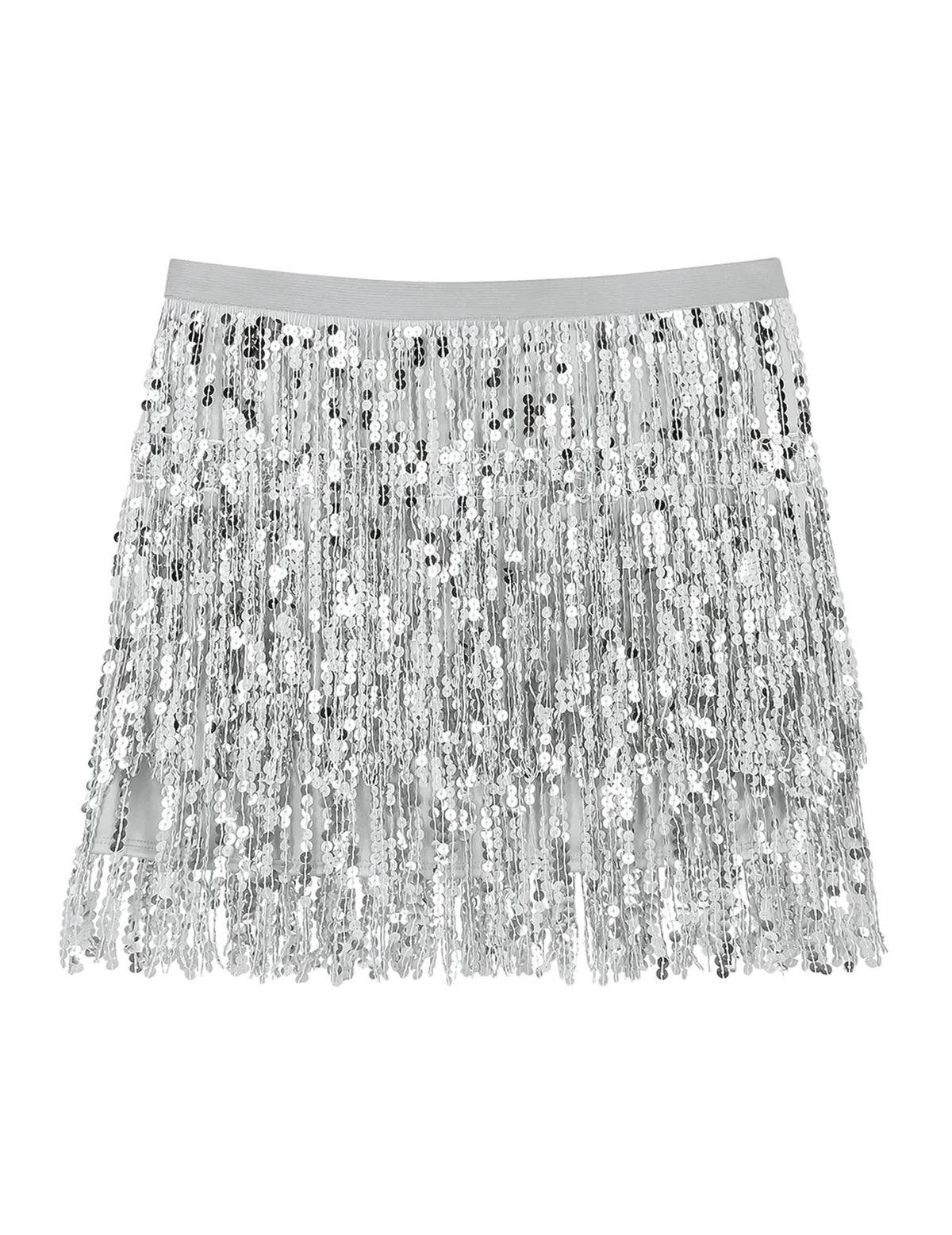 Vue de face de la minijupe à paillettes argentée pour femme à franges