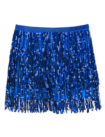 Vue de face de la minijupe à paillettes pour femme bleue à franges