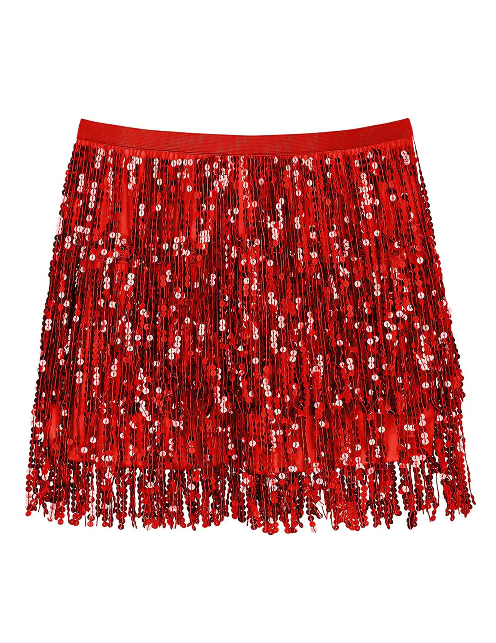 Vue de face de la minijupe à paillettes pour femme rouge