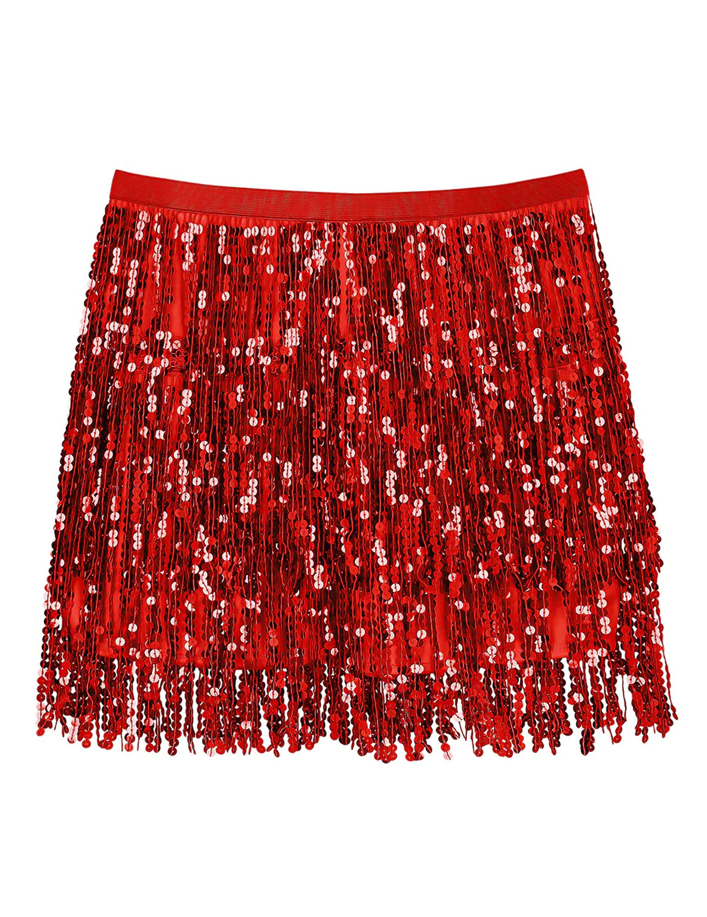 Vue de face de la minijupe à paillettes pour femme rouge