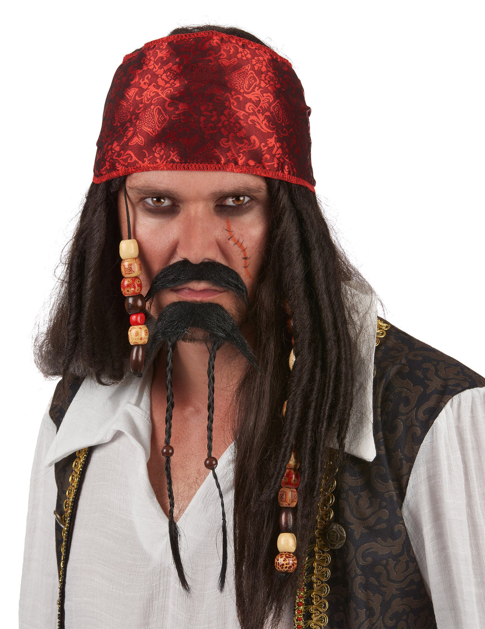 Moustache et bouc de pirate pour adulte noirs avec tresses et perles