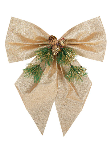 Trblietavá mašľa champagne, vianočný stromček a šišky 24 x 28 cm 