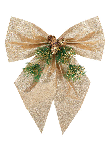 Trblietavá mašľa champagne, vianočný stromček a šišky 24 x 28 cm 