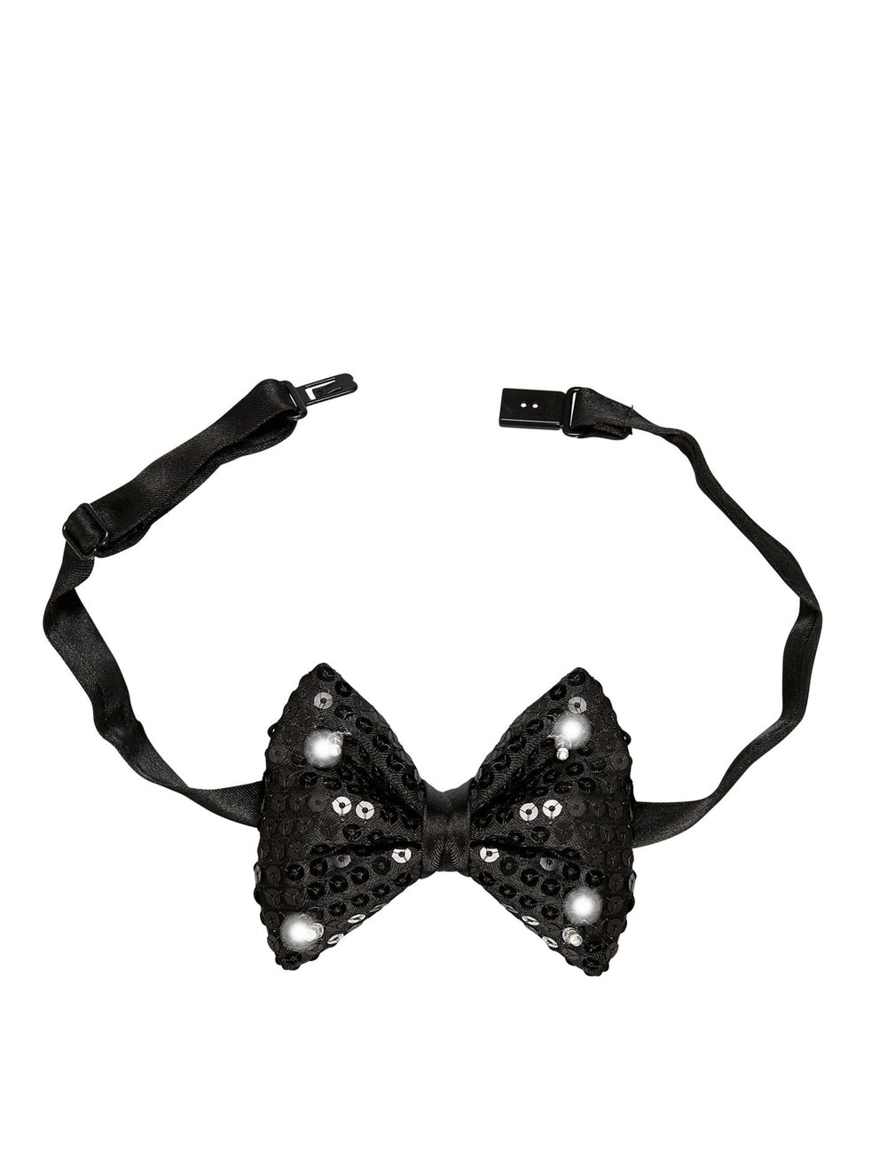 Détail du système d'attache du noeud papillon à sequins et LED clignotantes pour adulte noir