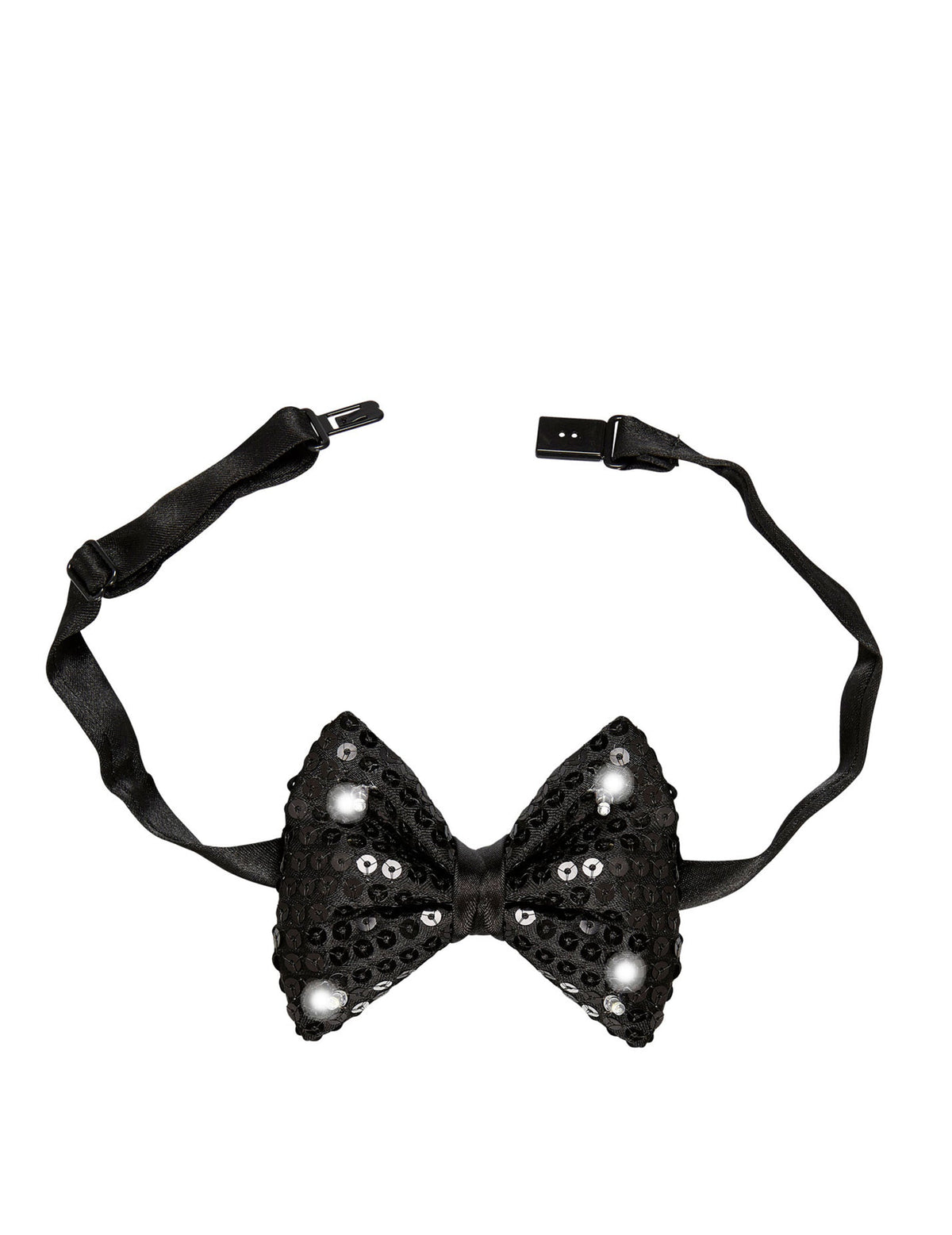 Détail du système d'attache du noeud papillon à sequins et LED clignotantes pour adulte noir