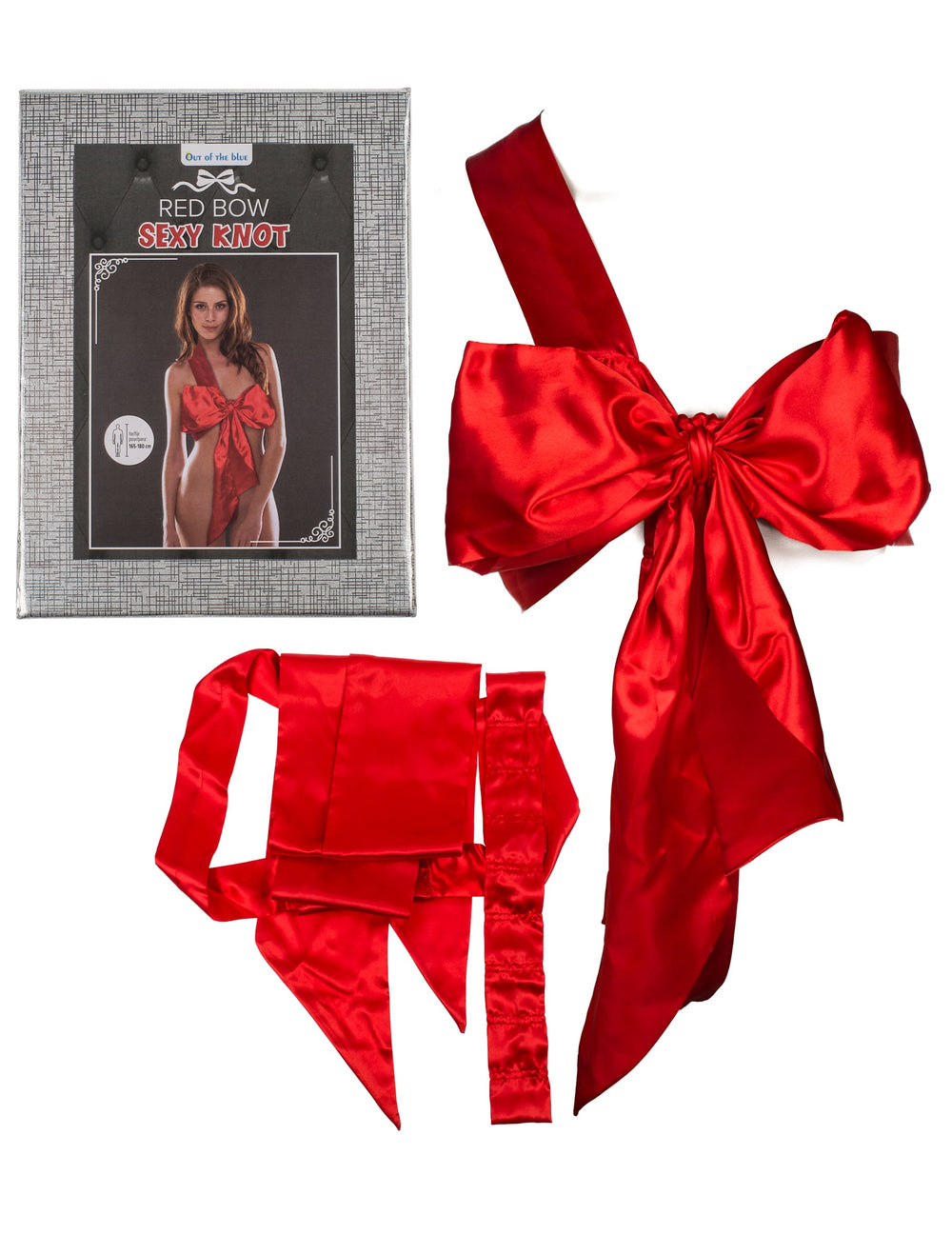 Vue d'ensemble et emballage du nœud coquin pour femme rouge en satin