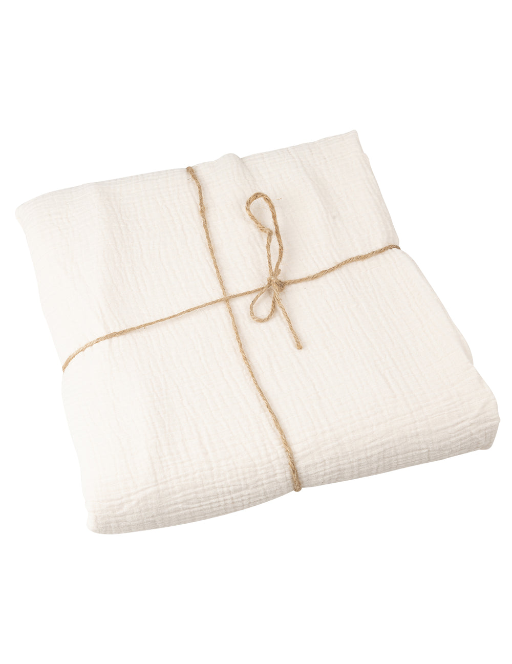 Vue pliée avec ficelle de la nappe en gaze de coton style bohème crème