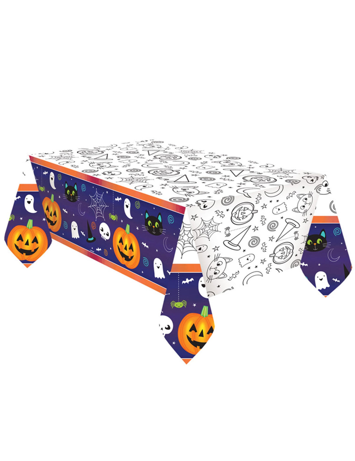 Nappe en papier Halloween Friends blanche à colorier et violette avec citrouilles