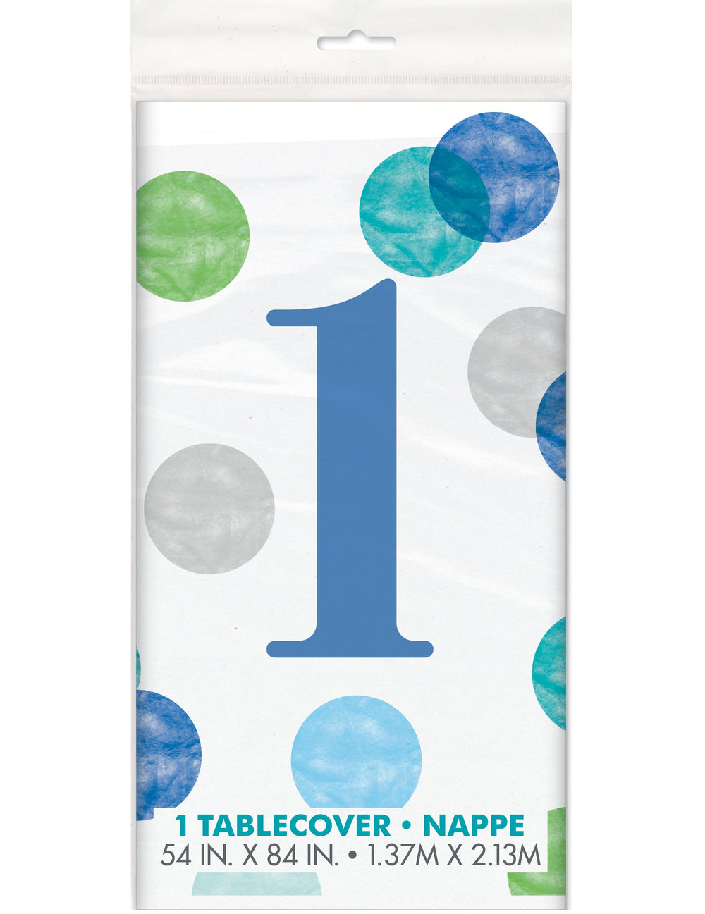 Nappe en plastique 1er anniversaire pour enfant blanche et bleue à pois pastel