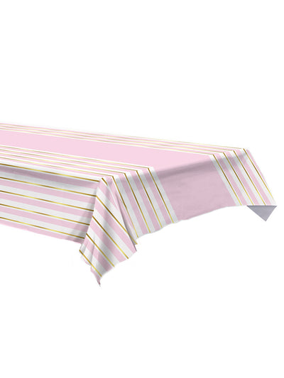 Nappe en plastique à rayures rose blanche et dorée