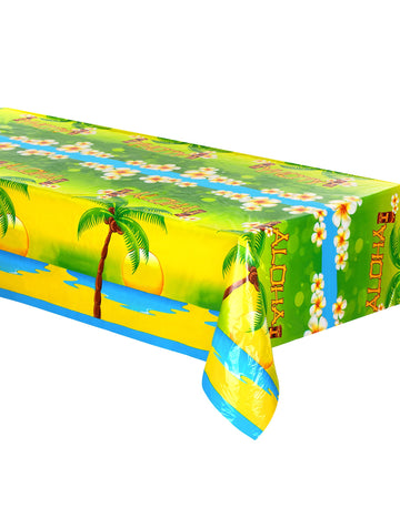 Nappe en plastique Aloha jaune et verte avec palmiers et fleurs exotiques