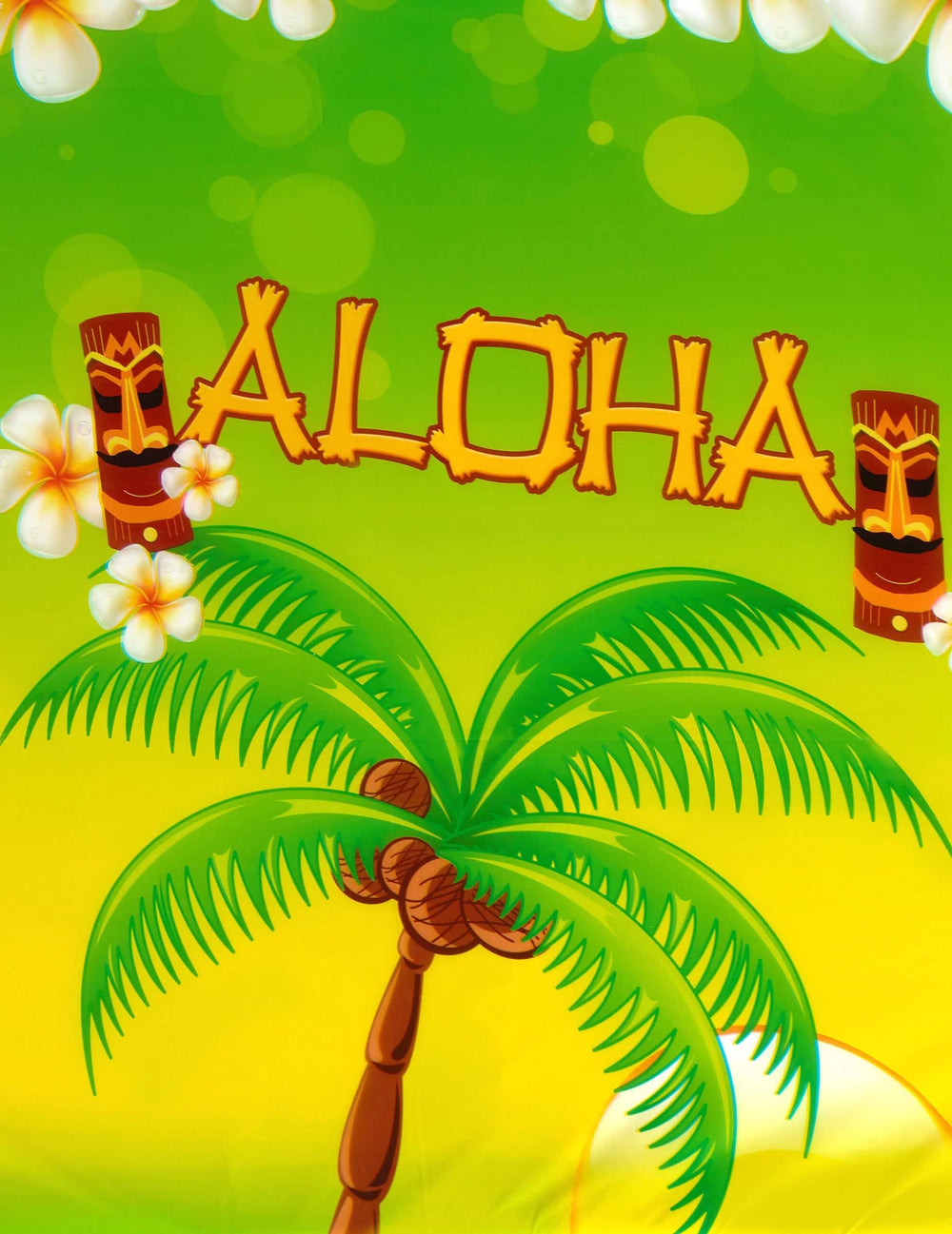 Detail na tiki a palmovú potlač plastového obrusu Aloha