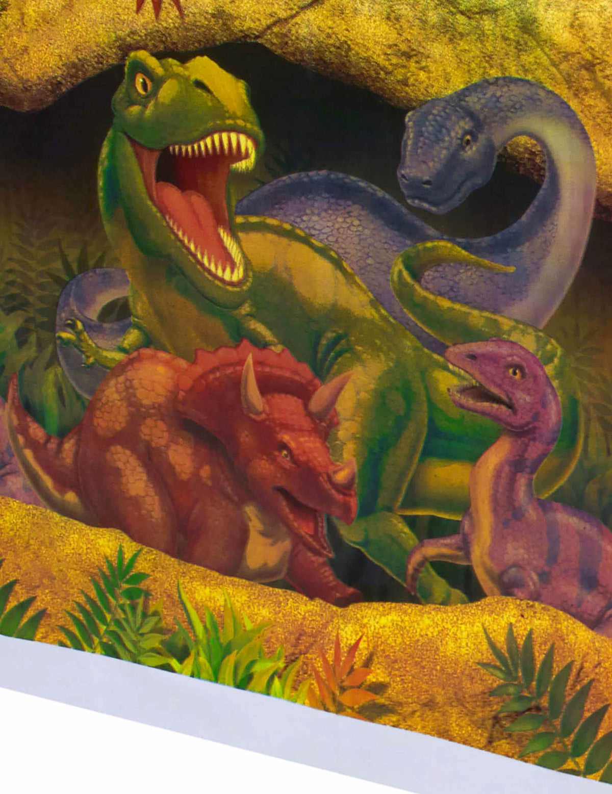 Detail ilustrácií dinosaurov na plastovom obruse narodeniny Dinosaury