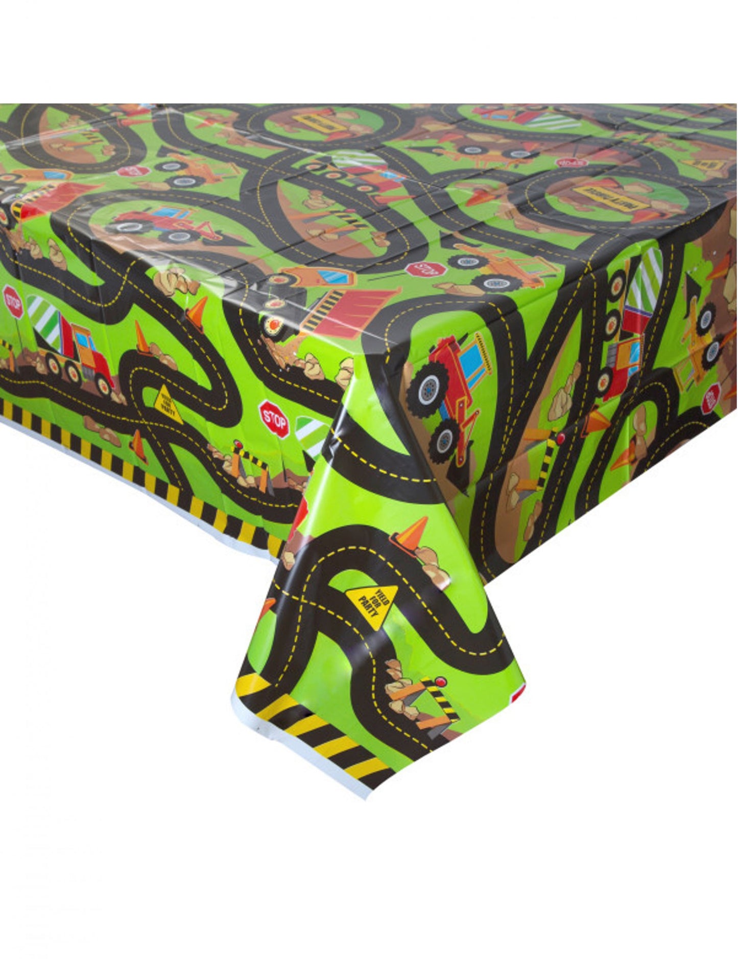Nappe en plastique chantier pour anniversaire verte avec engins de construction