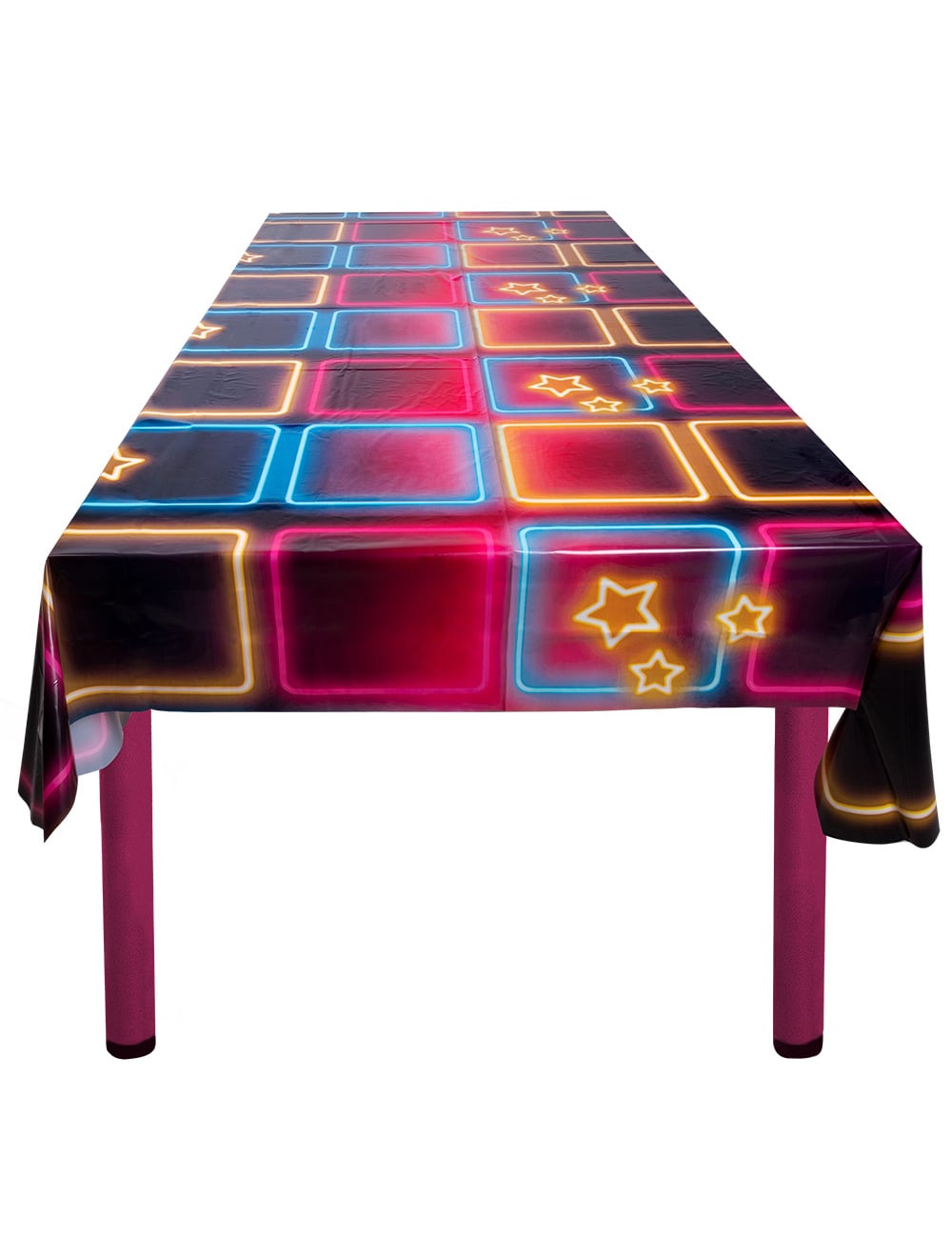 Nappe en plastique Disco Fever pour fête aux motifs de néons carrés et étoiles multicolores