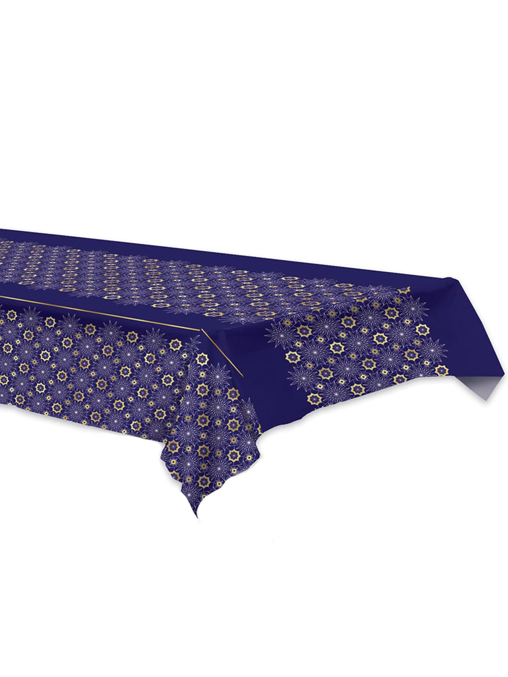 Nappe en plastique Aïd Mubarak bleue à rosaces dorées