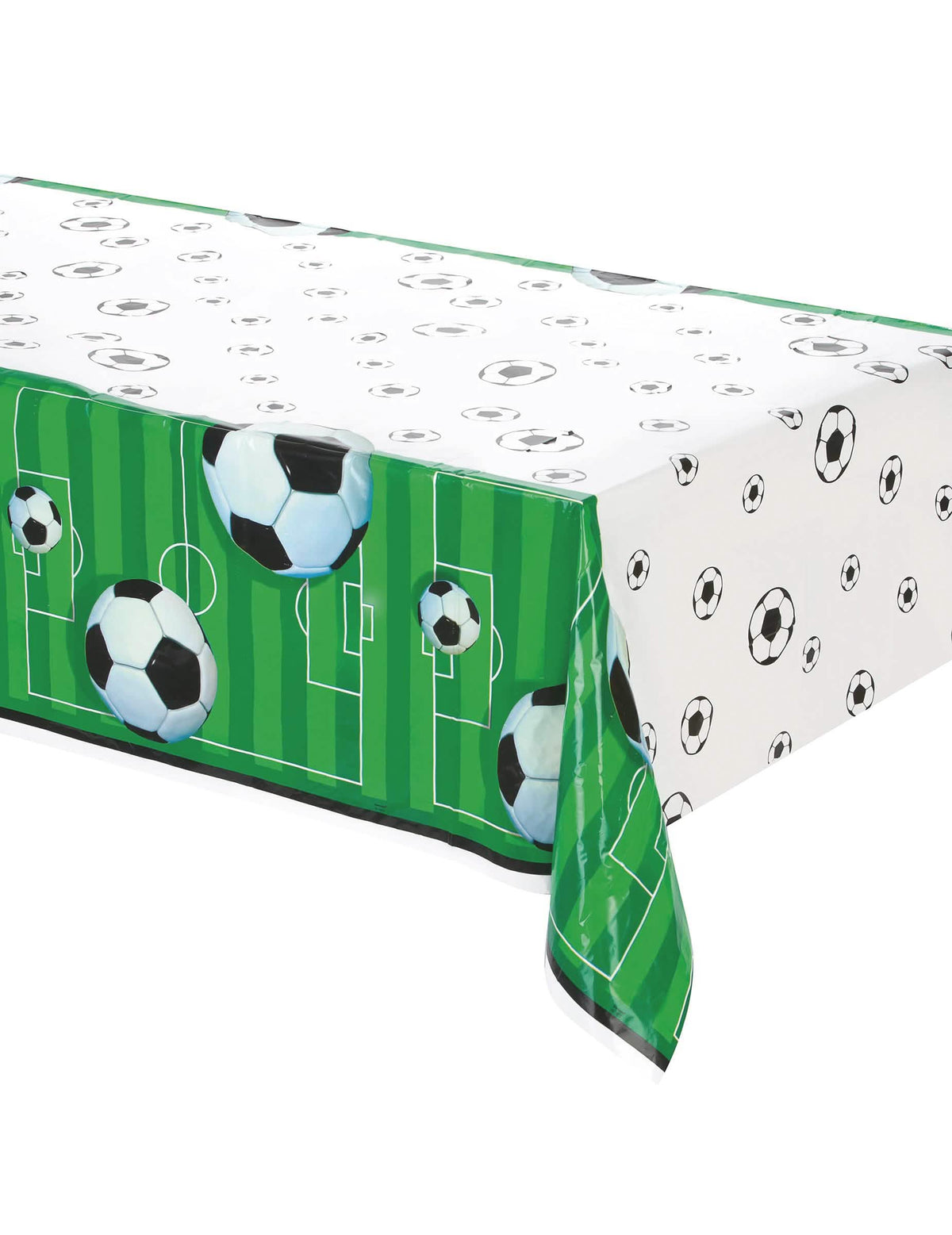 Plastový obrus na narodeniny s futbalovým motívom zelený a biely s motívmi balóny